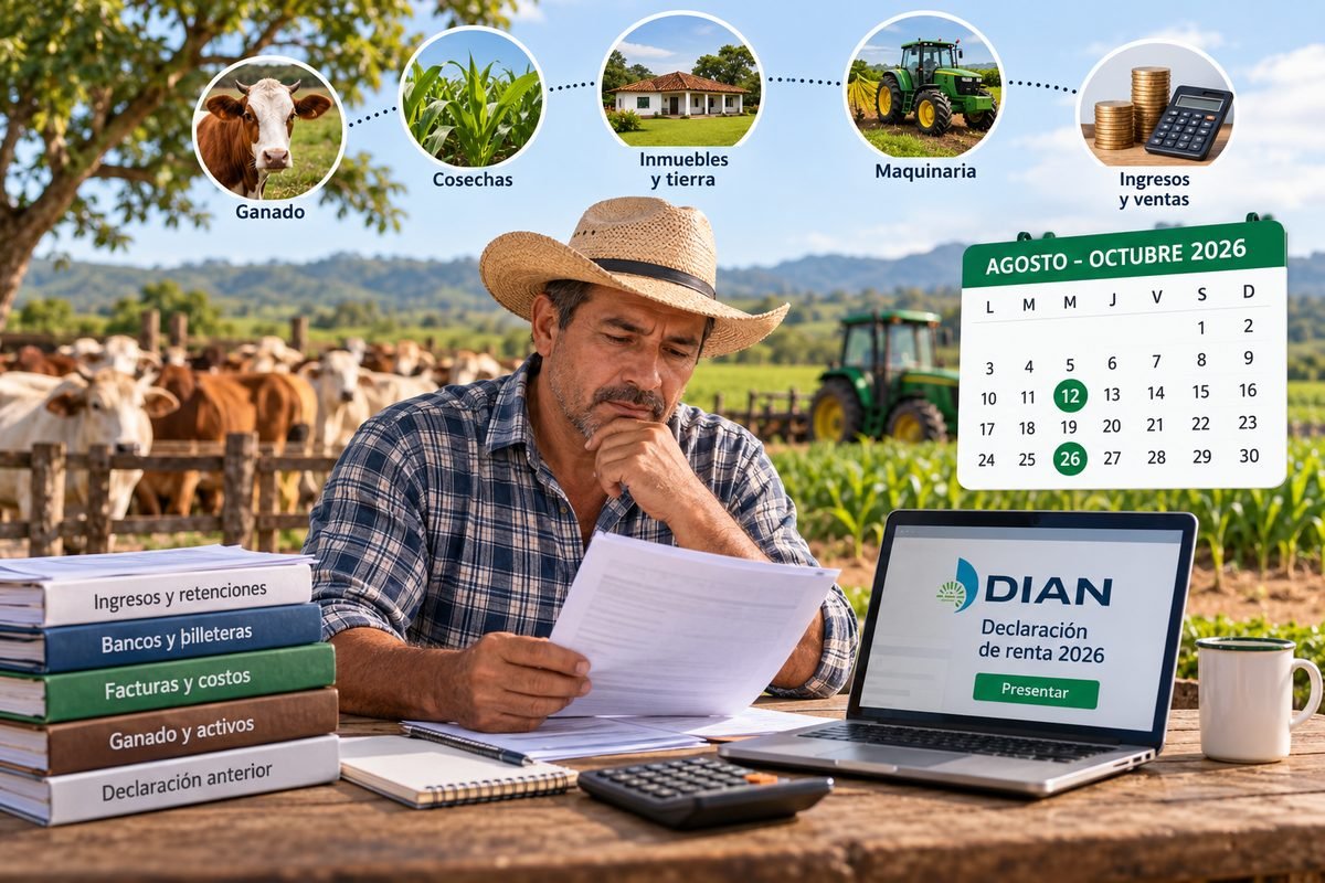 Productor del campo revisando documentos para su declaración de renta 2026